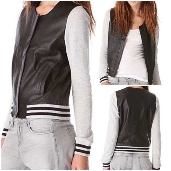 Townsen Leather Bomber Jacket Womens Small Black Gray Varsity Casual EUC - Picture 11 of 11